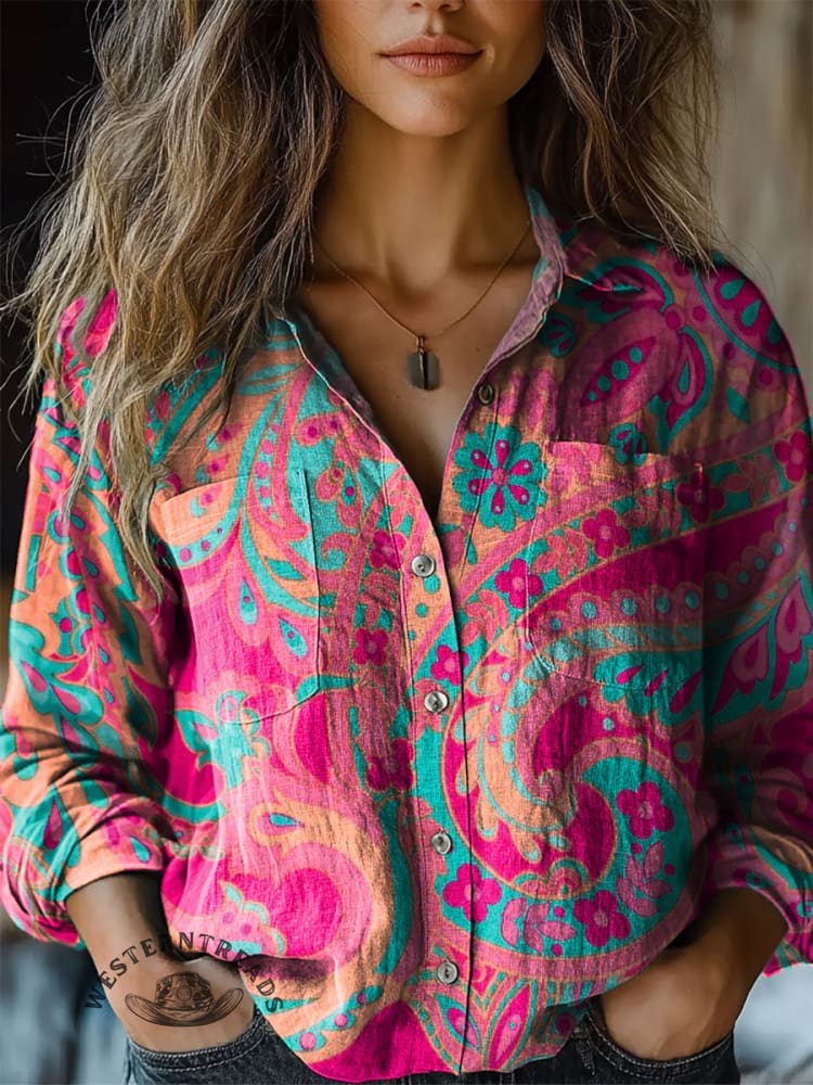 Women's Paisley Art Print Casual Long Sleeve Comfortable Cotton Shirt