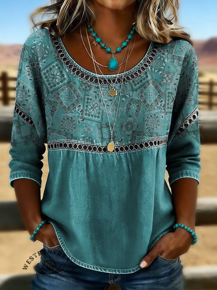 Women's Paisley Print Casual Hollow Denim Shirt - Image 2