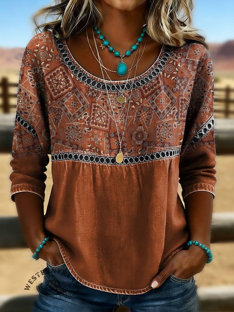 Women's Paisley Print Casual Hollow Denim Shirt - Image 3