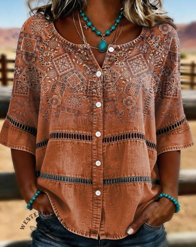 Women's Paisley Print Casual Hollow-out Top - Image 3