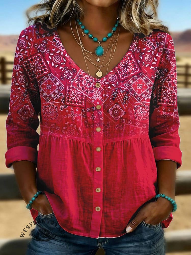Women's Paisley Print Linen Cotton Shirt