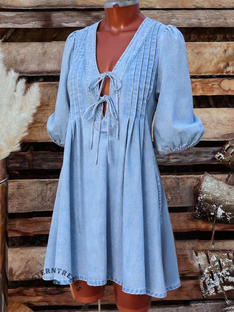 Women's Puff Sleeve Denim Dress - Image 2