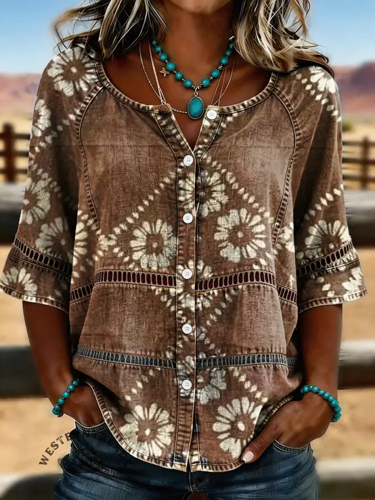 Women's Retro Brown Plaid Flower Casual Hollow-out Denim Shirt