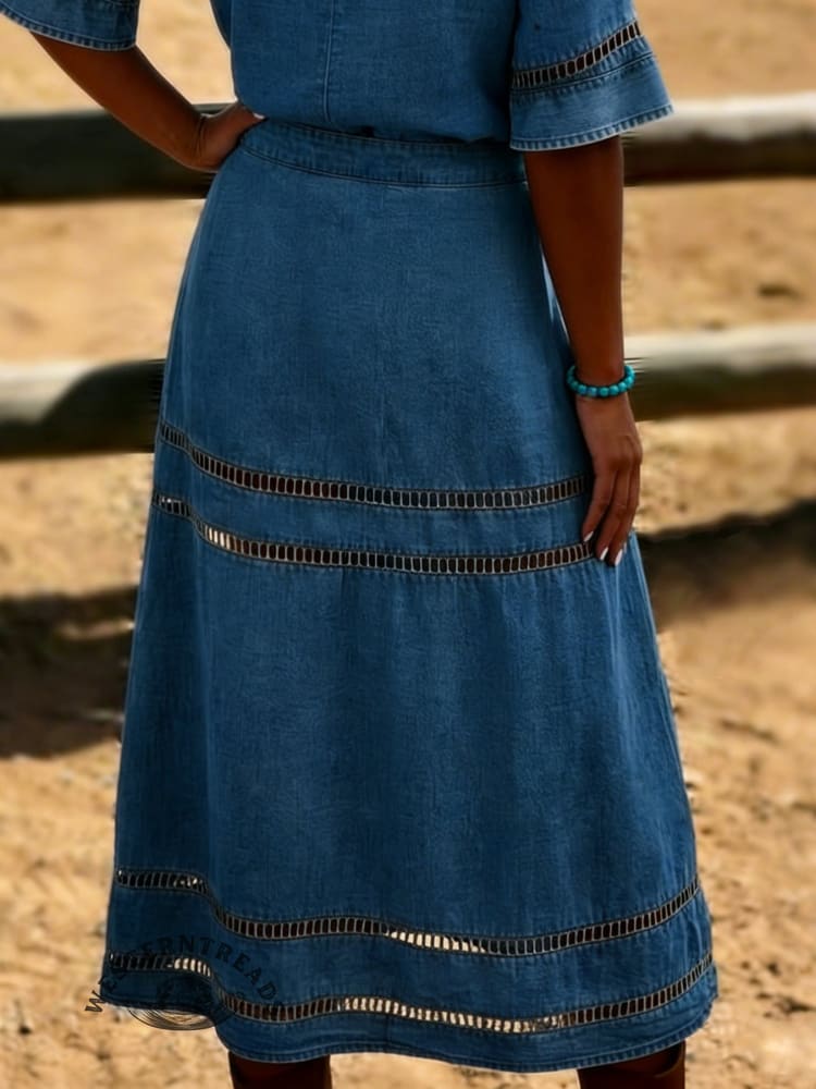 Women's Retro Casual Lace Hollow Denim Long Skirt - Image 2