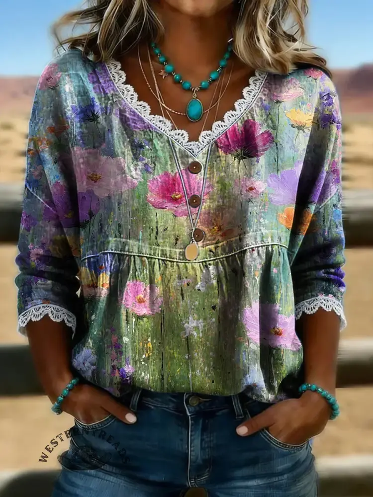 Women's Retro Color Flower Print Casual Hollow-out Denim Shirt