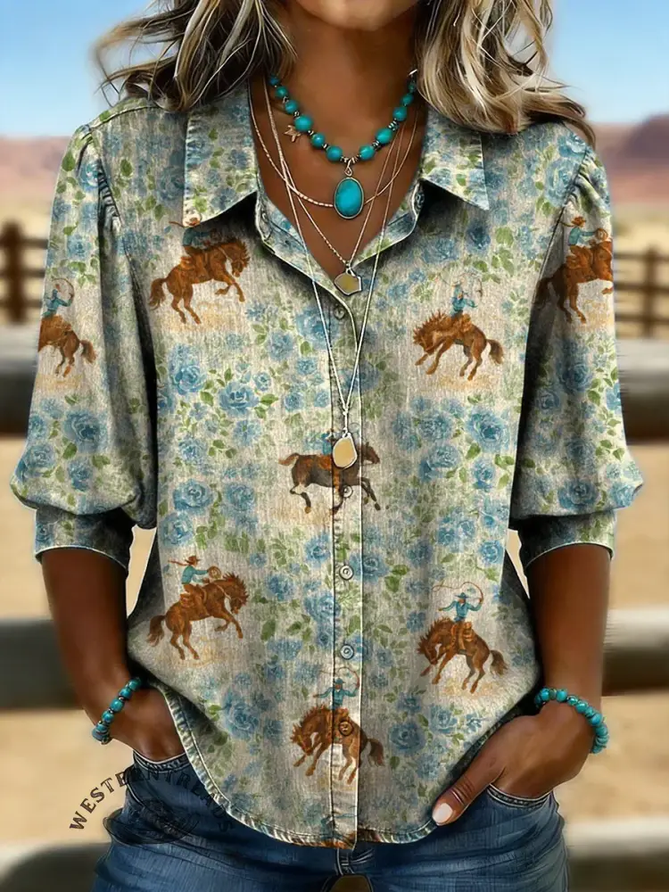 Women's Retro Floral Horse Casual Puff Sleeve Denim Shirt