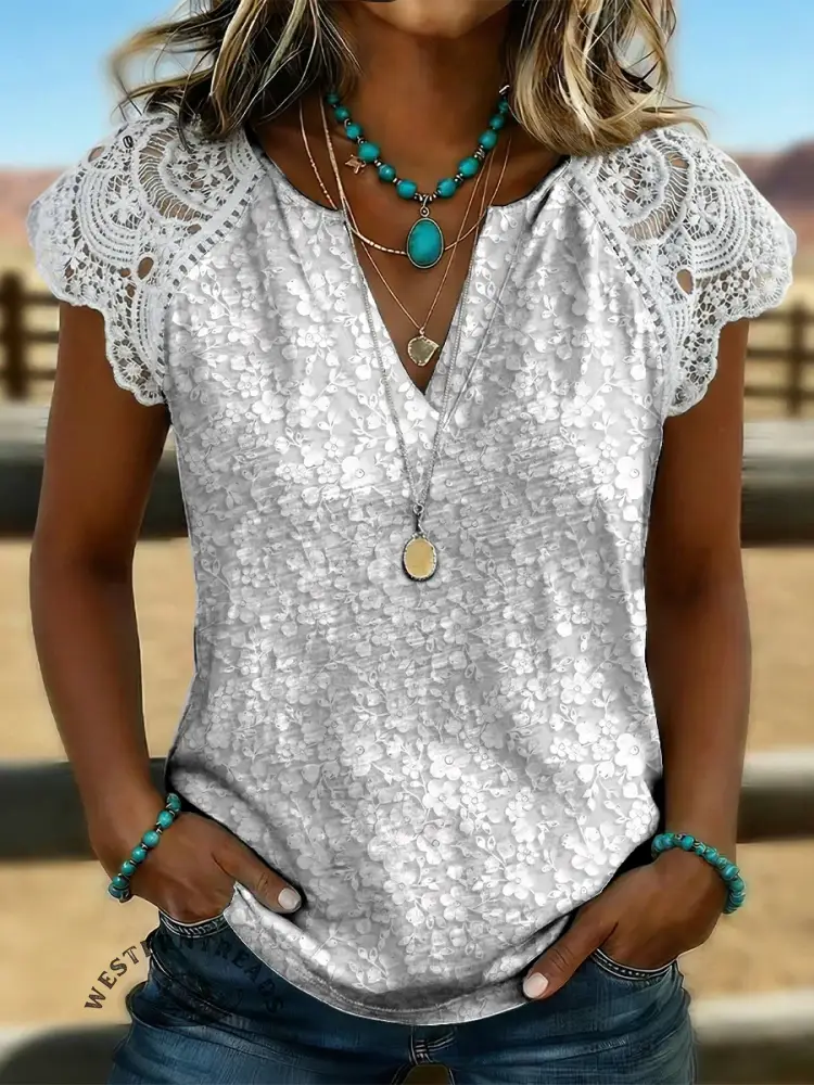 Women's Retro Floral Print Casual Lace-trimmed Sleeve T-shirt