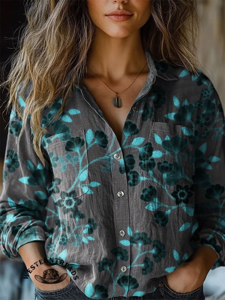 Women's Retro Floral Print Casual V-neck T-shirt - Image 4