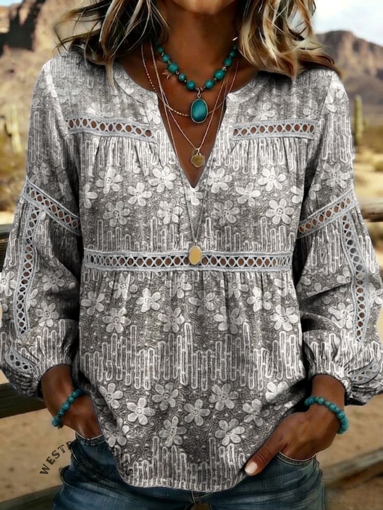 Women's Retro Floral Print Casual Versatile Hollow Lace Shirt