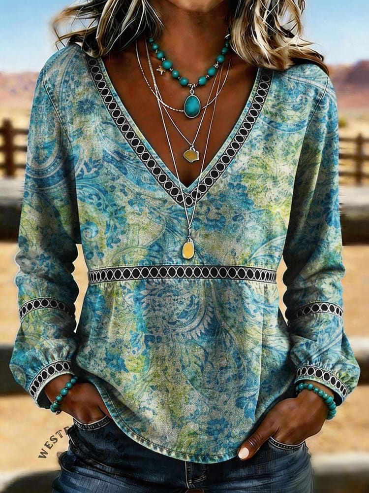 Women's Retro Floral Print V-Neck Long Sleeve Hollow Denim Shirt