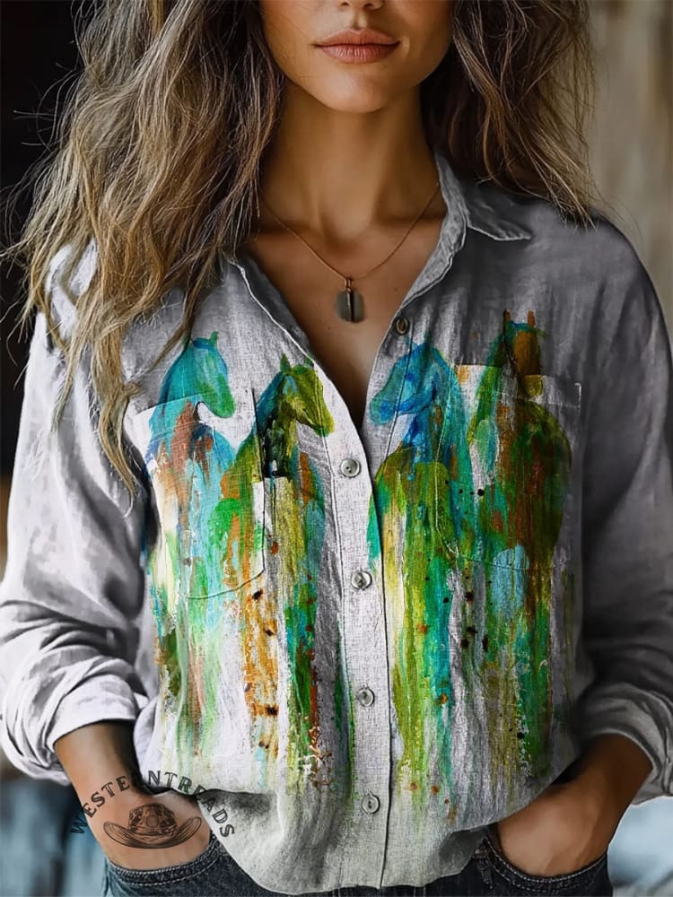 Women's Retro Horse Watercolor Art Print Casual V-neck T-shirt - Image 4