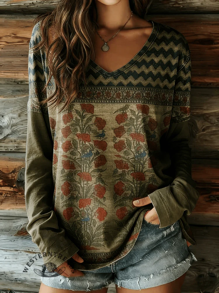 100% Cotton🍃Women's Retro Pattern Print Casual V-neck Long Sleeve T-shirt