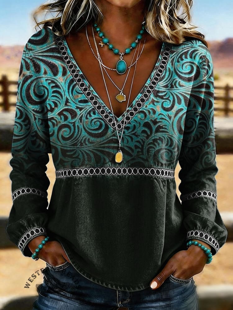 Women's Retro Print V-Neck Long Sleeve Hollow Denim Shirt