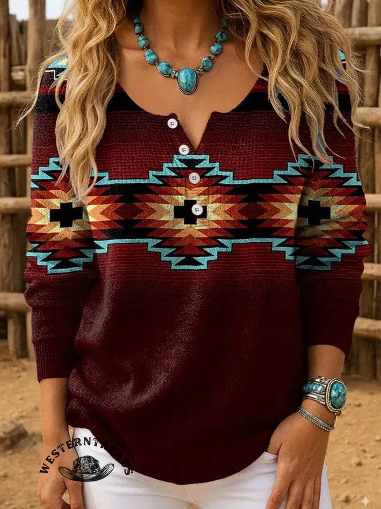 Women's Retro Red Aztec Art Print Henley Neck Sweater - Image 2