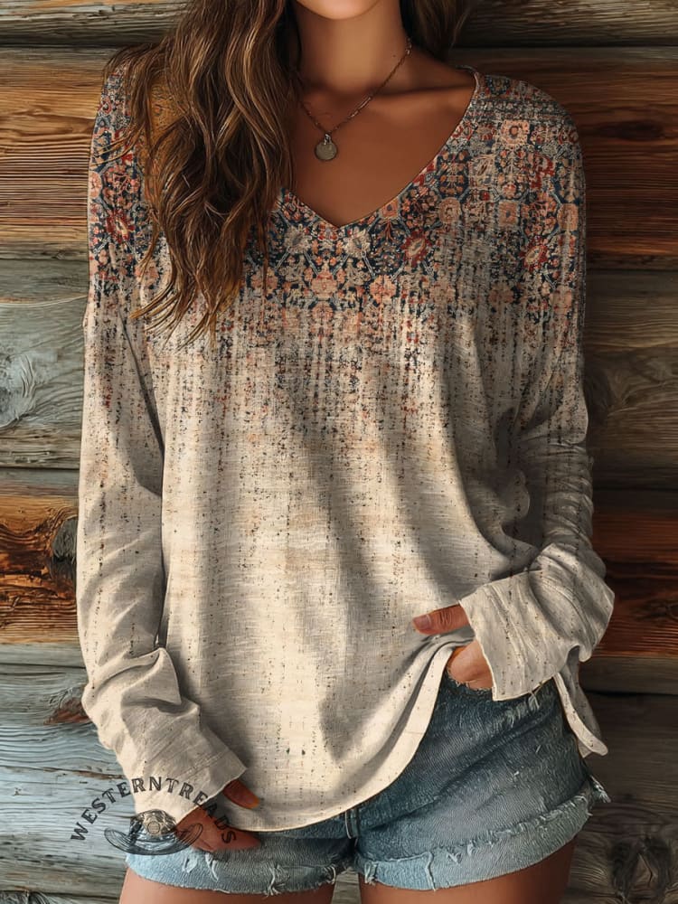 100% Cotton🍃Women's Retro Texture Art Print Casual V-neck Long Sleeve T-shirt