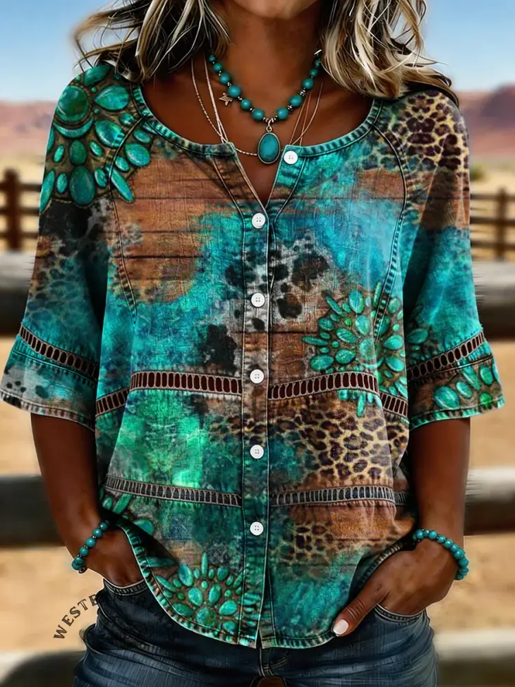 Women's Retro Turquoise Texture Print Casual Hollow-out Denim Shirt