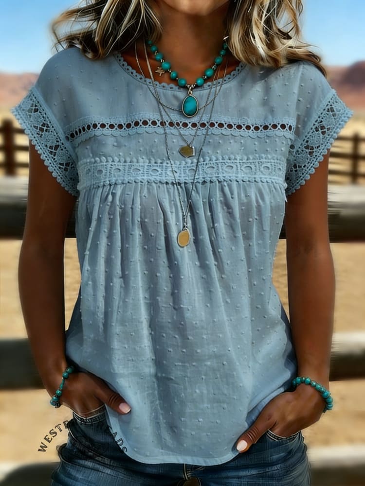 Women's Round Neck Lace Crochet Short Sleeve Shirt Casual Chiffon Shirt - Image 3
