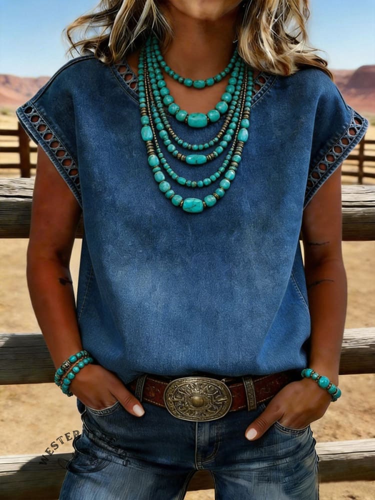 Women's Round Neck Short Sleeve Hollow Lace Casual Denim Shirt