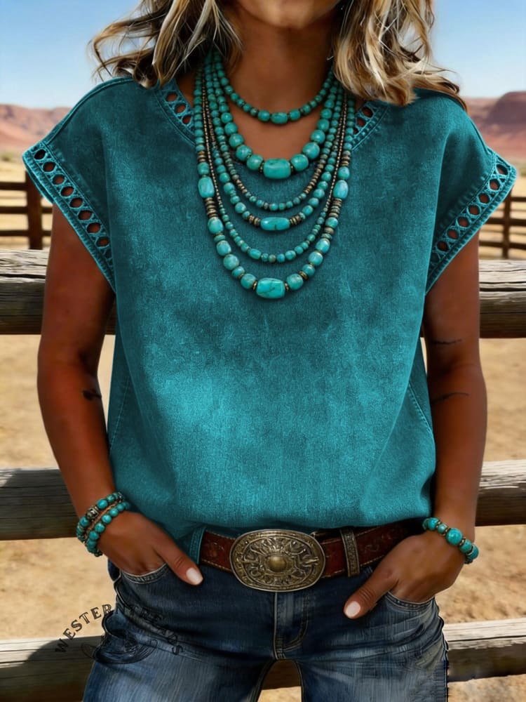 Women's Round Neck Short Sleeve Hollow Lace Casual Denim Shirt - Image 2