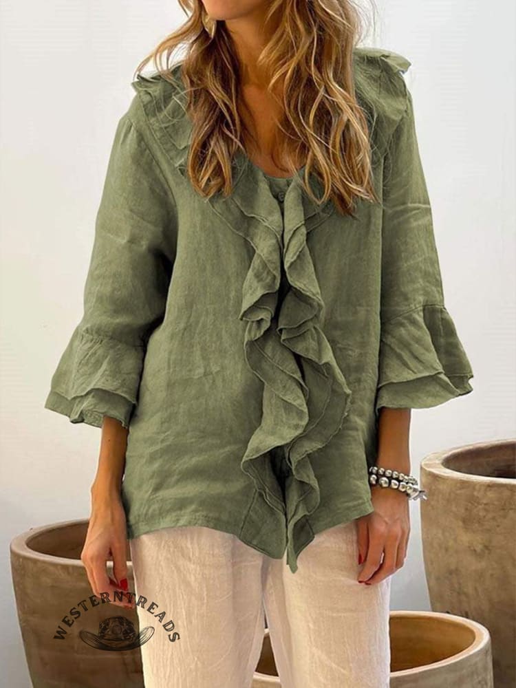 Women's Ruffles Casual Cotton And Linen 3/4 Sleeves Shirt - Image 3