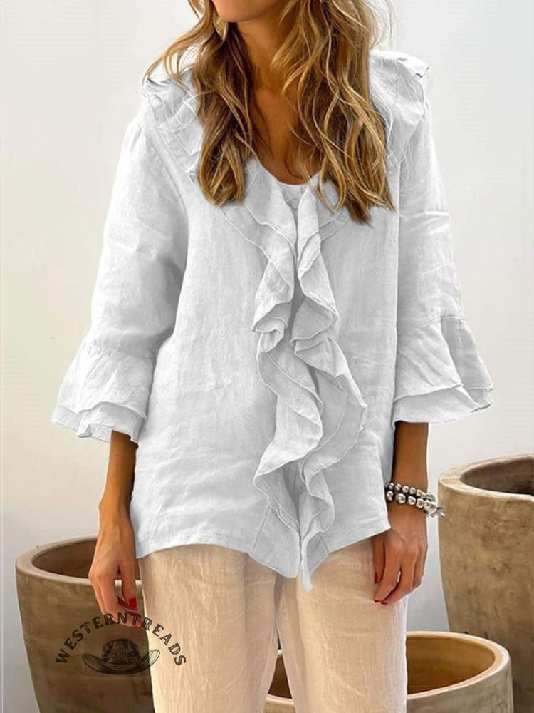 Women's Ruffles Casual Cotton And Linen 3/4 Sleeves Shirt - Image 5