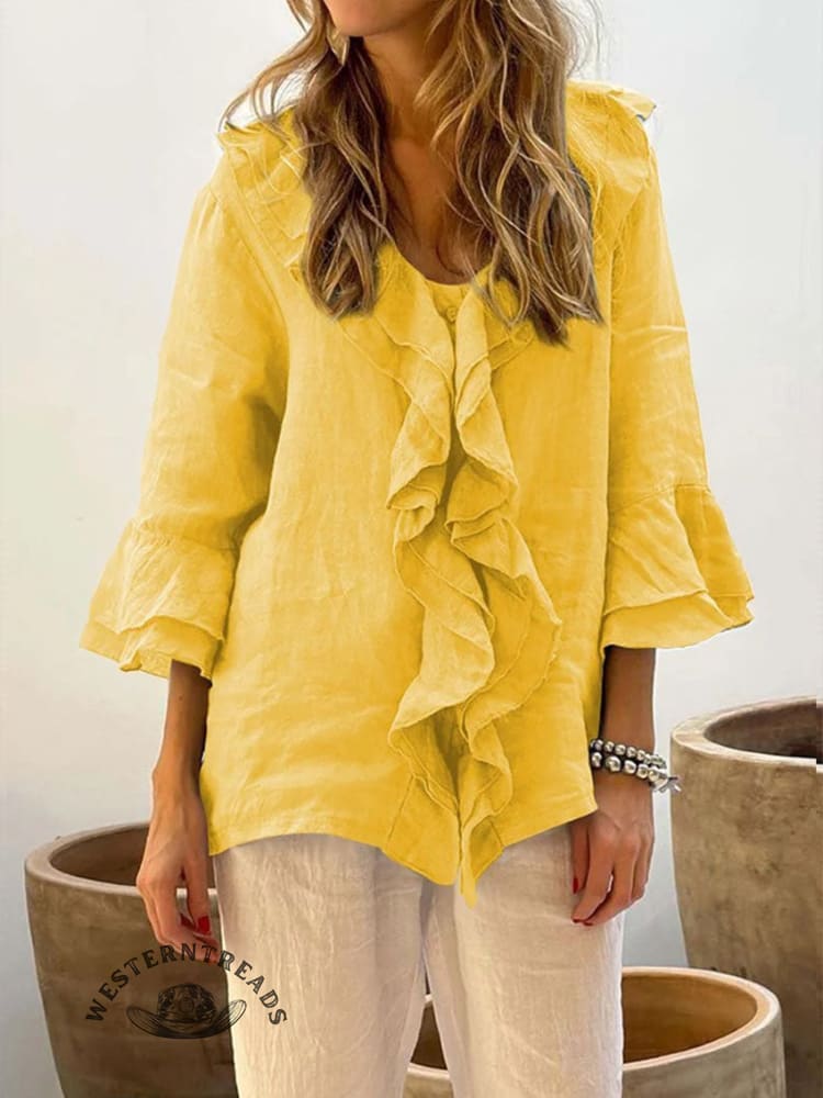 Women's Ruffles Casual Cotton And Linen 3/4 Sleeves Shirt - Image 6