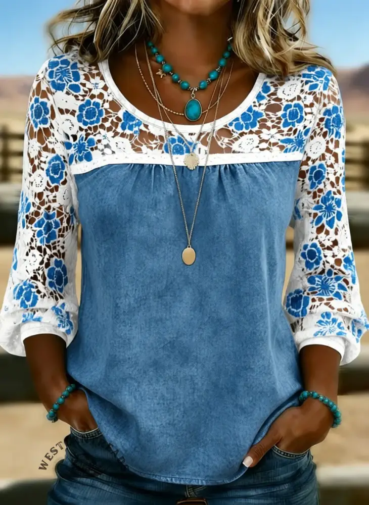 Women's Solid Color Casual Loose Lace Denim Shirt