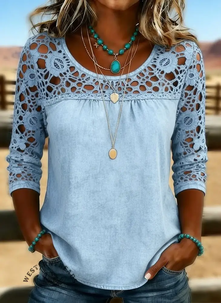 Women's Solid Color Casual Loose Lace Denim Shirt - Image 2