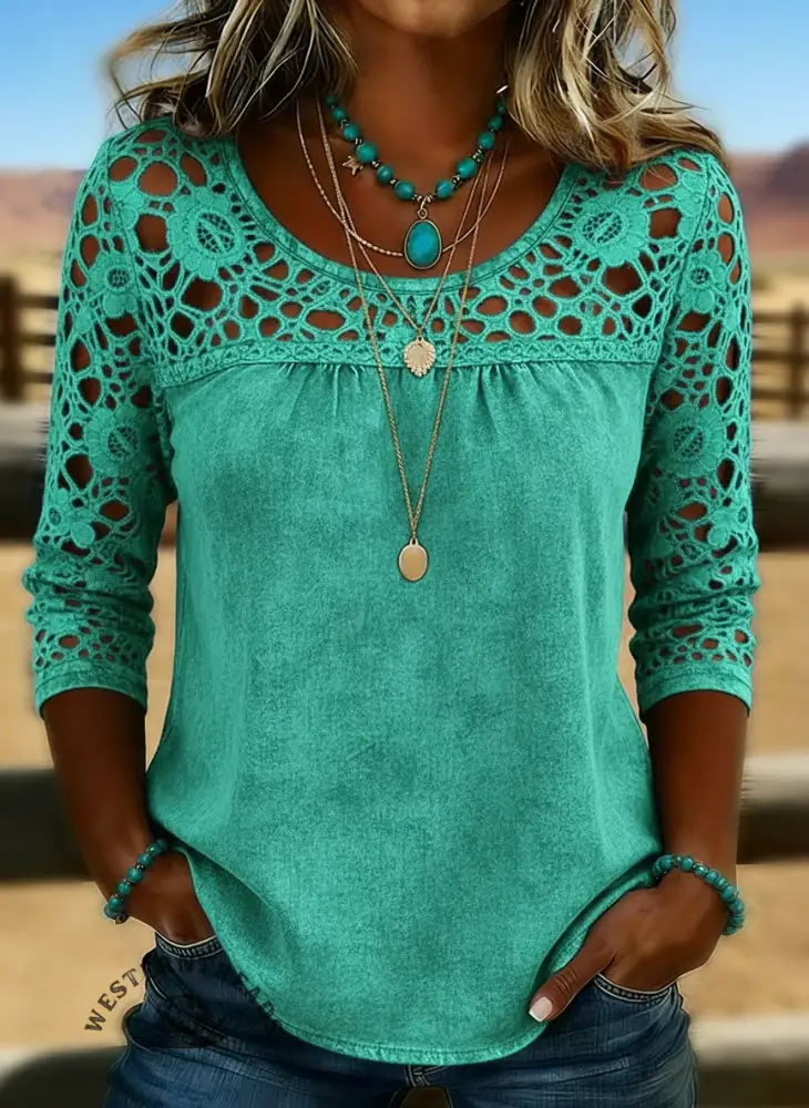 Women's Solid Color Casual Loose Lace Denim Shirt - Image 4