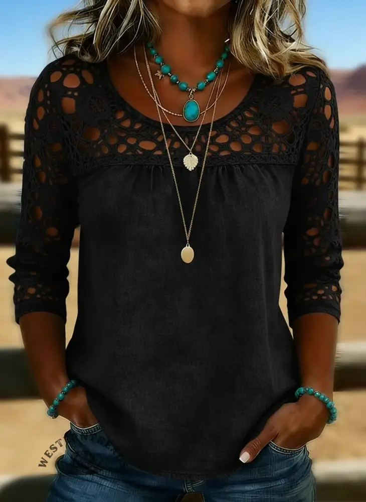 Women's Solid Color Casual Loose Lace Denim Shirt - Image 5