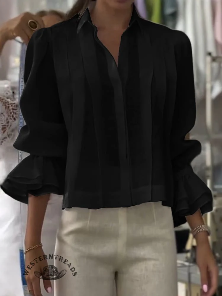 Women's Solid Color Western Horseback Riding Lapel Long Sleeve Casual Loose Linen Cardigan Top - Image 4