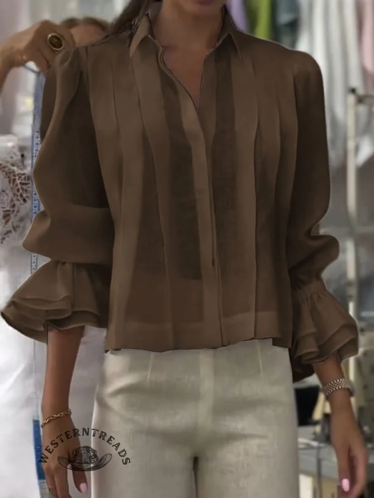 Women's Solid Color Western Horseback Riding Lapel Long Sleeve Casual Loose Linen Cardigan Top - Image 7