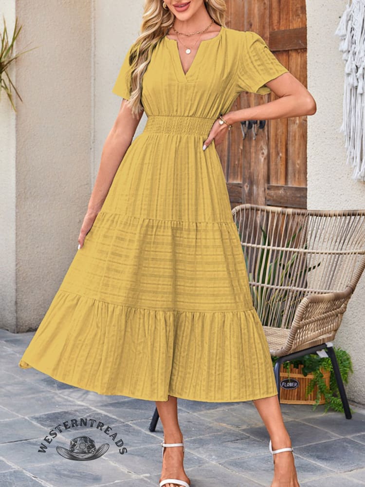 Womens Summer Casual Midi Maxi Dresses Lightweight Short Sleeve V Neck Elastic Waist Boho Beach Dress Pockets
