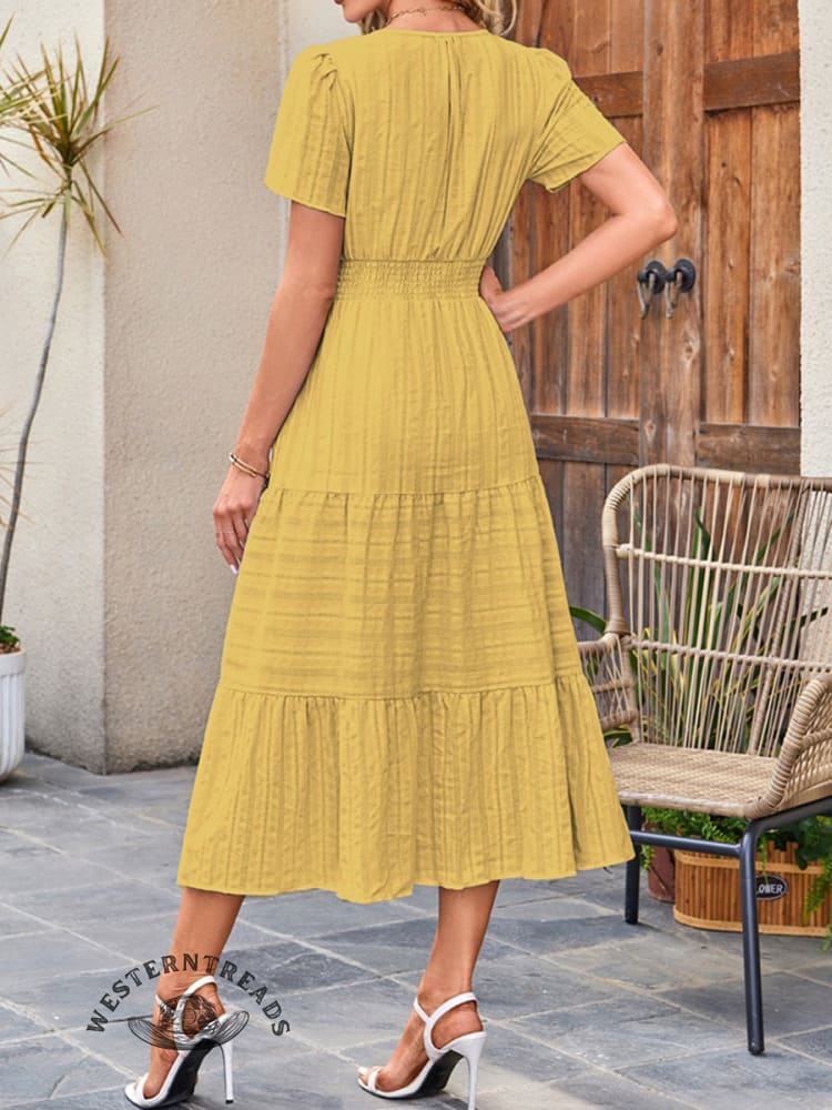 Womens Summer Casual Midi Maxi Dresses Lightweight Short Sleeve V Neck Elastic Waist Boho Beach Dress Pockets - Image 2