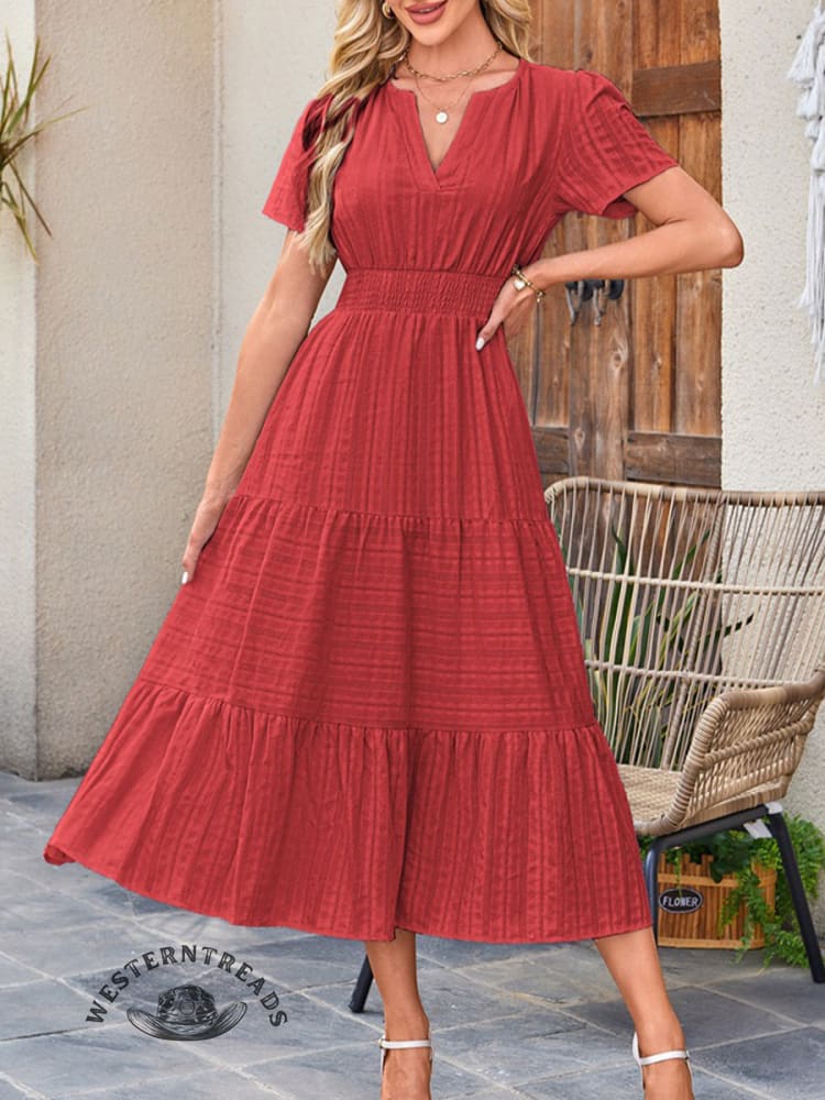 Womens Summer Casual Midi Maxi Dresses Lightweight Short Sleeve V Neck Elastic Waist Boho Beach Dress Pockets - Image 3