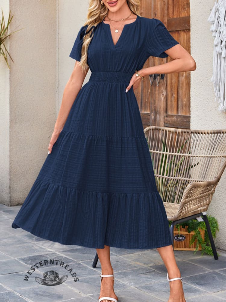 Womens Summer Casual Midi Maxi Dresses Lightweight Short Sleeve V Neck Elastic Waist Boho Beach Dress Pockets - Image 4