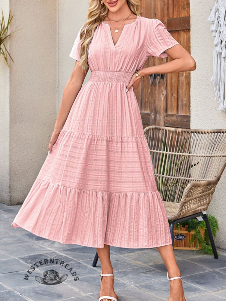 Womens Summer Casual Midi Maxi Dresses Lightweight Short Sleeve V Neck Elastic Waist Boho Beach Dress Pockets - Image 5