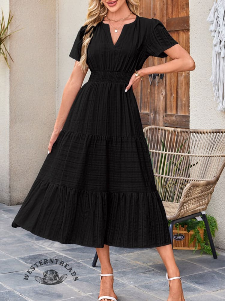 Womens Summer Casual Midi Maxi Dresses Lightweight Short Sleeve V Neck Elastic Waist Boho Beach Dress Pockets - Image 6