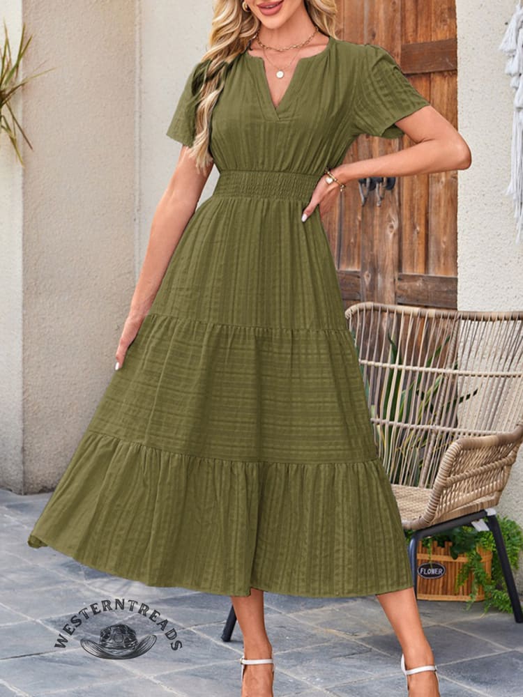 Womens Summer Casual Midi Maxi Dresses Lightweight Short Sleeve V Neck Elastic Waist Boho Beach Dress Pockets - Image 7