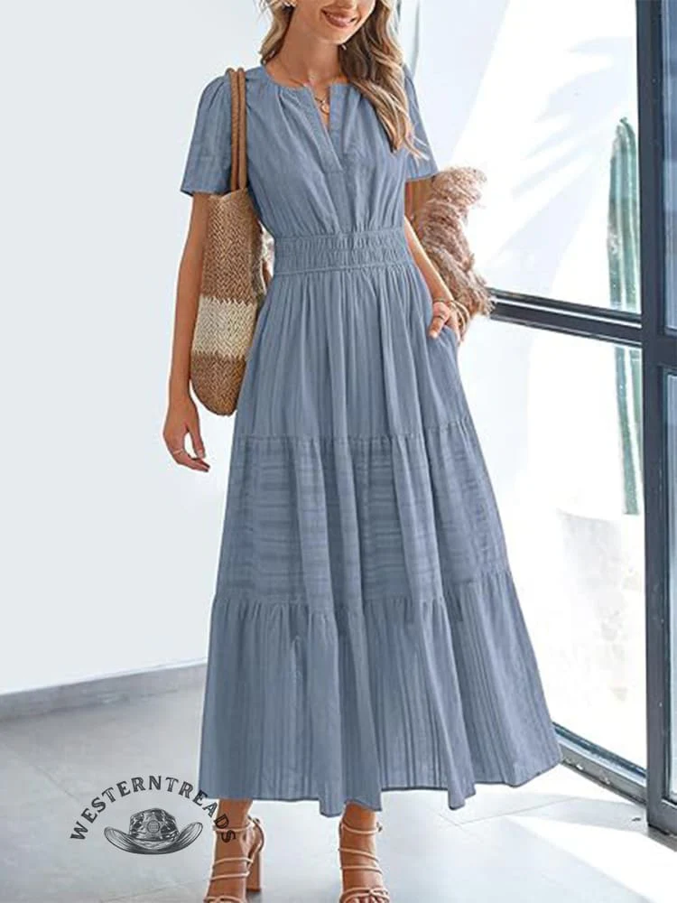 Womens Summer Casual Midi Maxi Dresses Lightweight Short Sleeve V Neck Elastic Waist Boho Beach Dress Pockets - Image 8