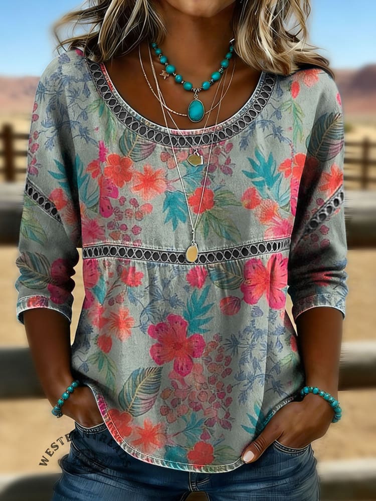Women's Vintage Art Print Casual 3/4 Sleeves Hollow Denim Shirt