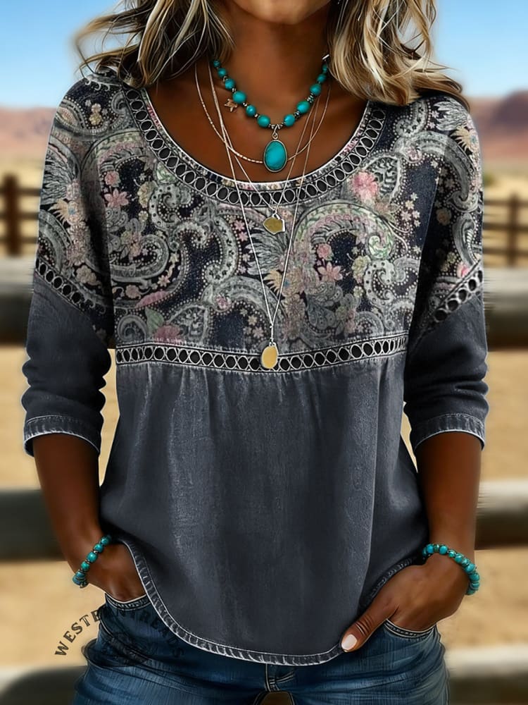 Women's Vintage Art Print Casual 3/4 Sleeves Hollow Lace Denim Shirt