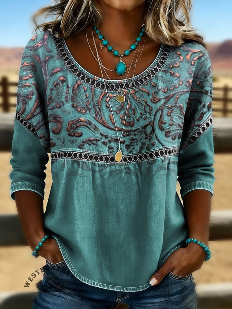 Women's Vintage Art Print Casual 3/4 Sleeves Hollow Lace Denim Shirt