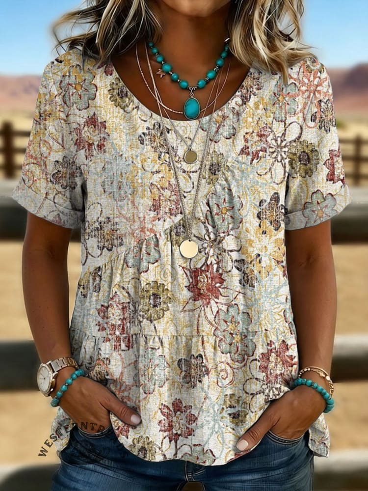 Women's Vintage Art Print Casual Short Sleeves Shirt
