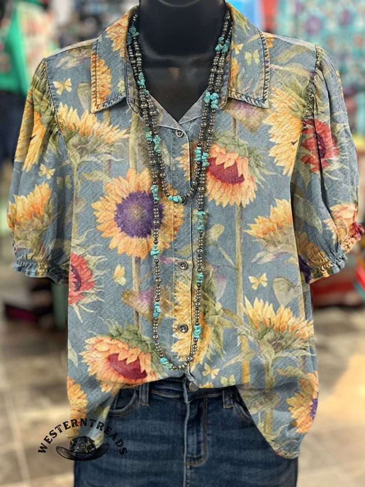 Women's Vintage Sunflower Art V-neck Casual T-Shirt - Image 4