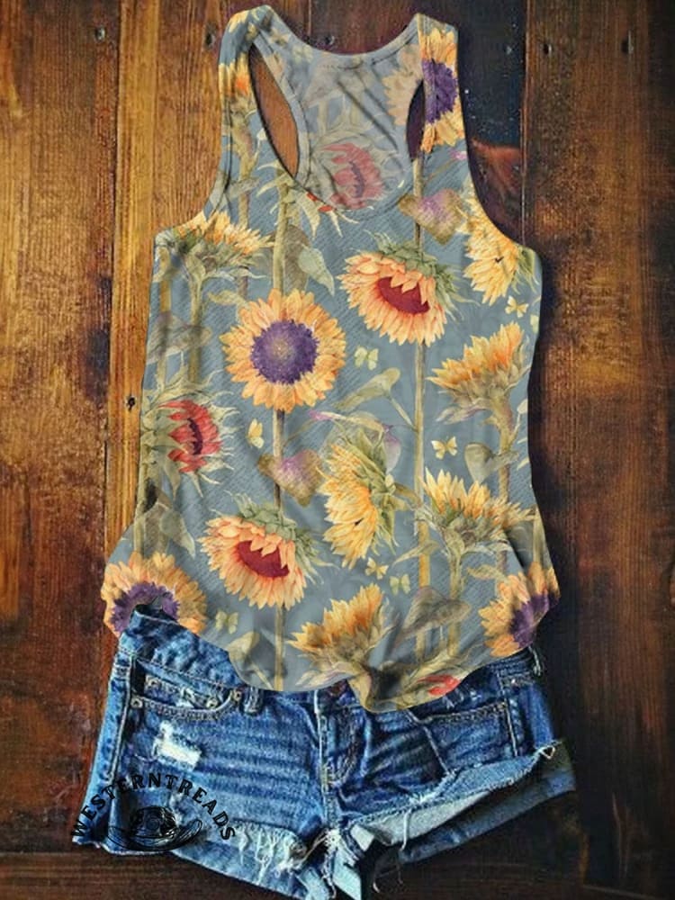 Women's Vintage Sunflower Art V-neck Casual T-Shirt - Image 6