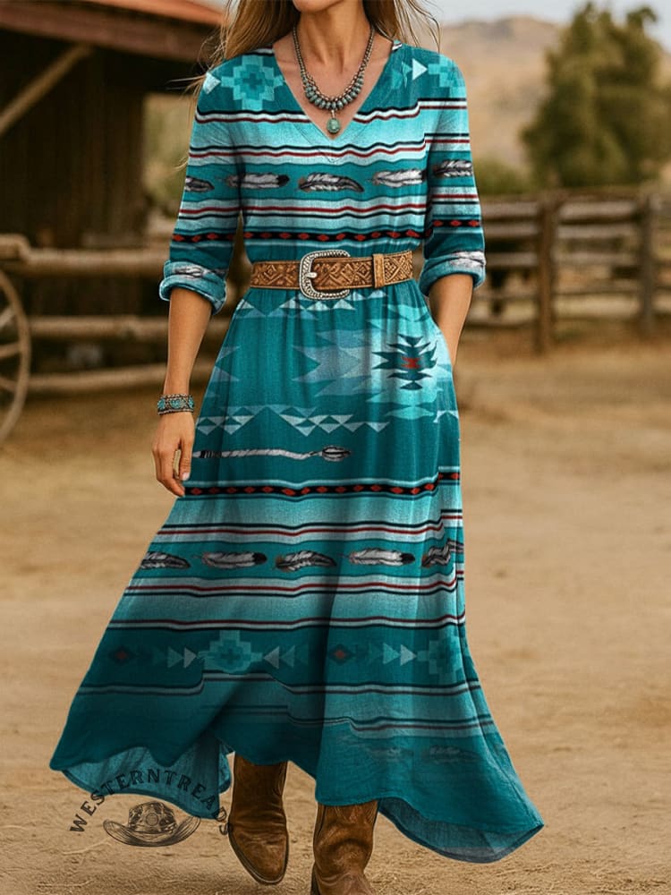 Women's Vintage Aztec Print Cotton Pocket Dress