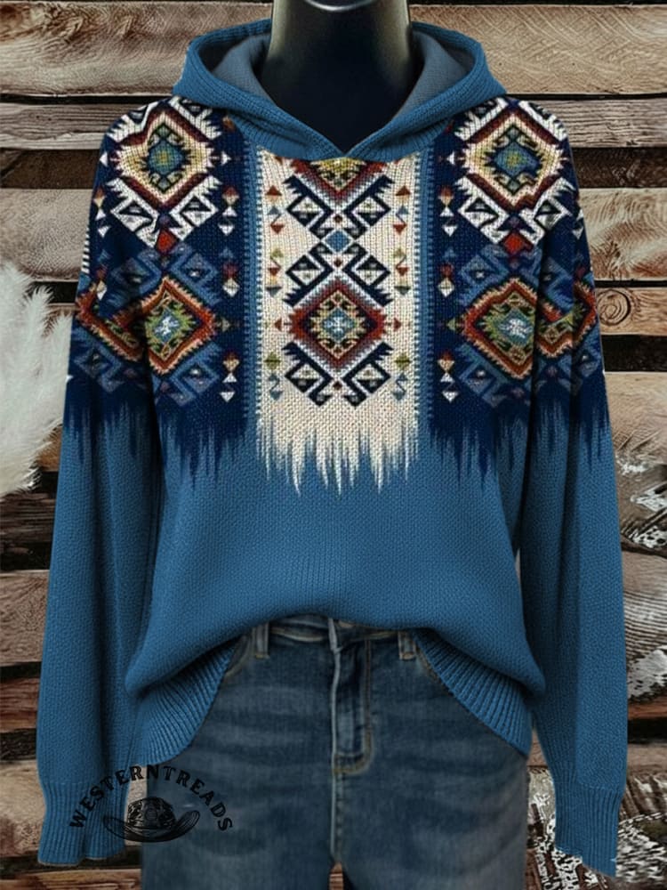 Women's Vintage Aztec Print Henley Neck Sweater Top - Image 5