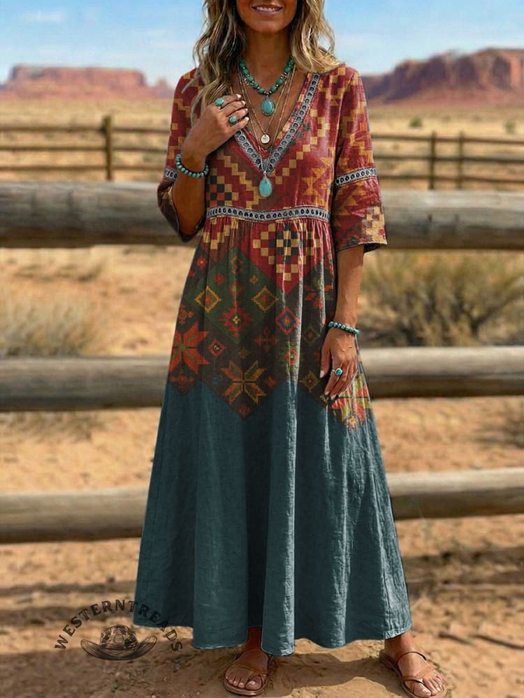 Women's Vintage Aztec Print V-neck Hollow 3/4 Sleeve Dress