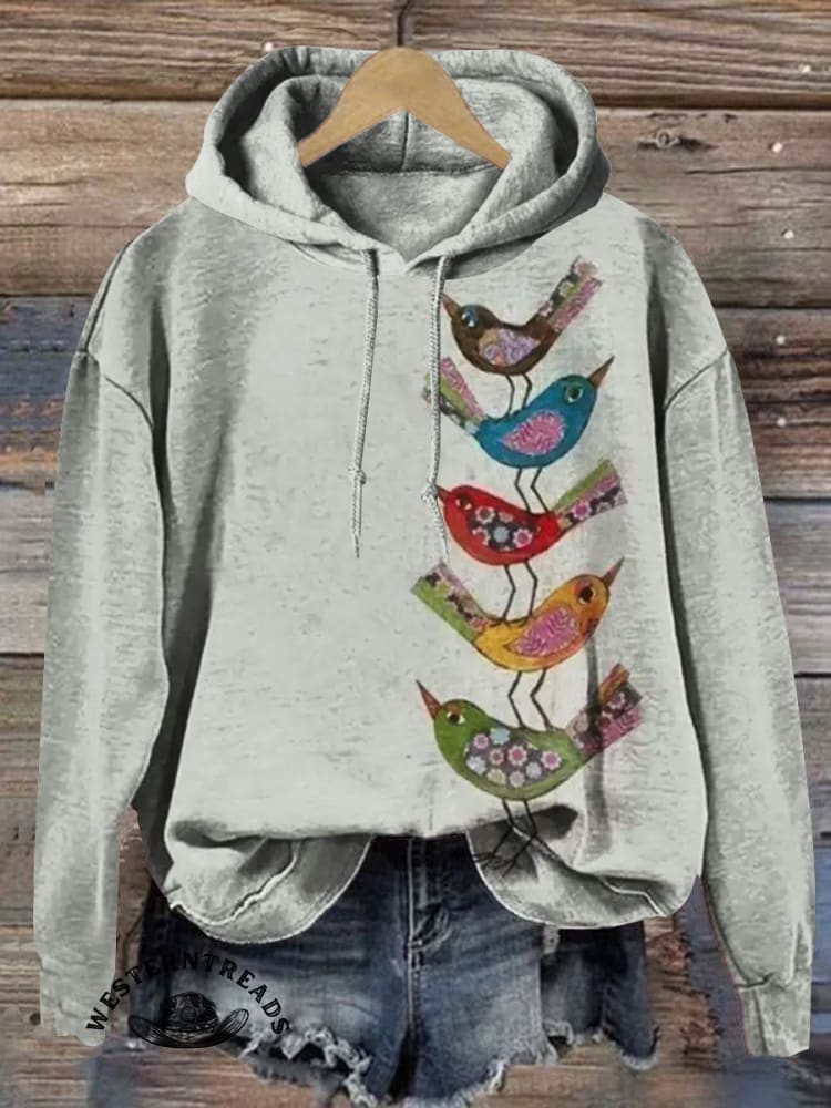 Women's Vintage Bird Print Casual Hooded Sweatshirt
